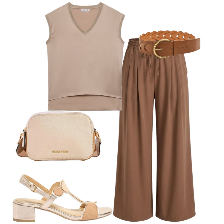 Outfit donna - City. Stile Basic per Tutti i giorni. Abbinamento con sandali col tacco, borse a tracolla, cinture, top, pantaloni.