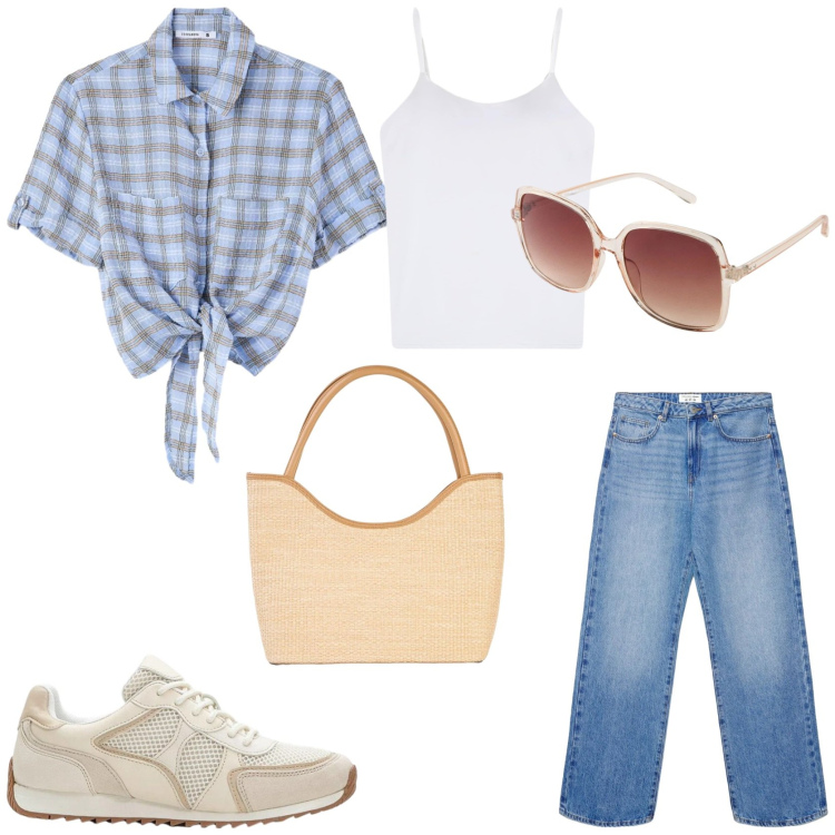 Outfit donna - Gita fuori porta. Stile Casual per Tutti i giorni. Abbinamento con occhiali da sole, sneakers alte, shopping bag, magliette intime, jeans dritti, camicie a manica corta.