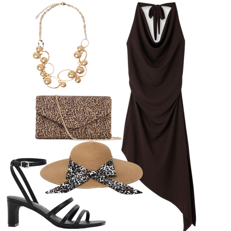 Outfit donna - Total look #2391553. Stile Romantica per Tutti i giorni. Abbinamento con clutch, sandali col tacco, cappelli, vestiti asimmetrici, collane.