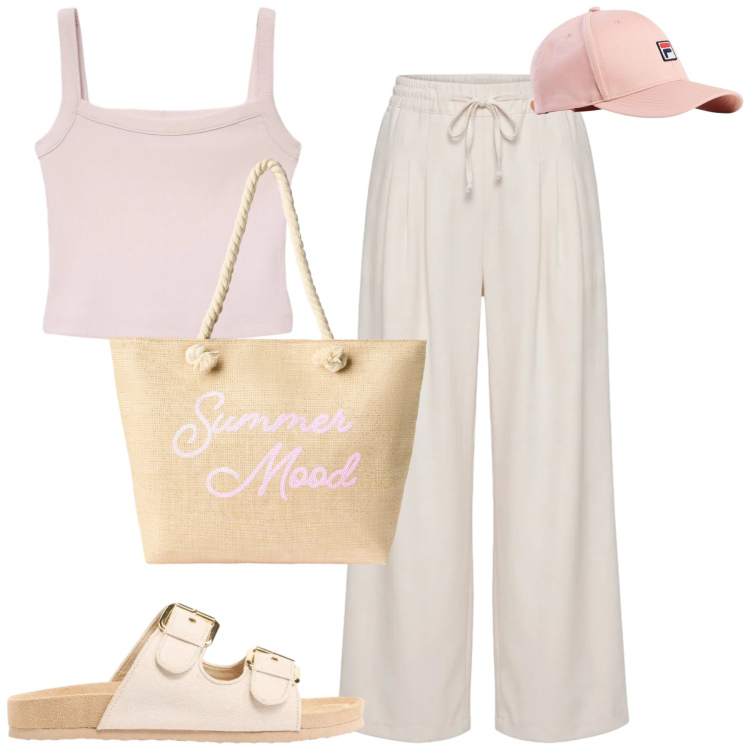Outfit donna - Total look #2391558. Stile Casual chic per Tutti i giorni. Abbinamento con cappelli con visiera, ciabatte, borse tote, canottiere, pantaloni.
