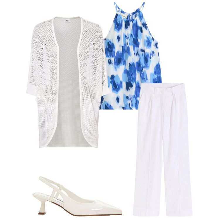 Outfit donna - Boho spring. Stile Boho per Tutti i giorni. Abbinamento con cardigans, décolleté, pantaloni a palazzo, canottiere.