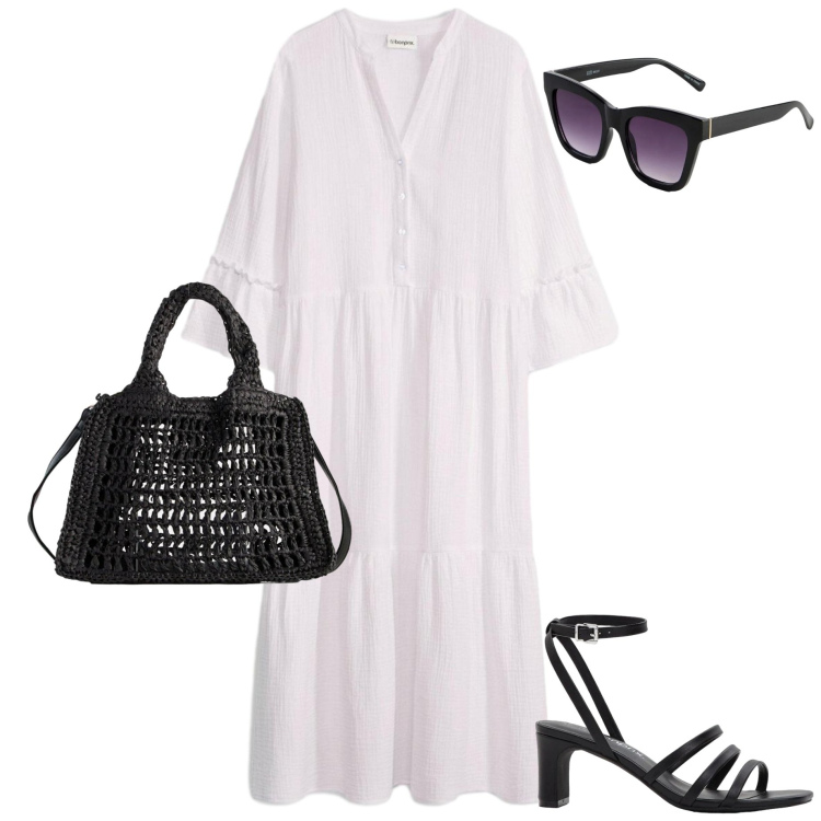 Outfit donna - Boho spring. Stile Boho per Tutti i giorni. Abbinamento con borse a tracolla, occhiali da sole, vestiti chemisier, sandali col tacco.