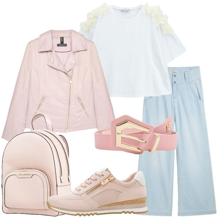 Outfit donna - Denim chiaro di primavera. Stile Romantica per Scuola/Università. Abbinamento con zaini, sneakers, jeans, piumini, cinture, t-shirt.