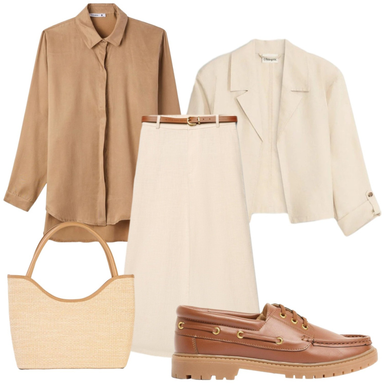 Outfit donna - Casual. Stile Casual chic Abbinamento con mocassini, blazer, shopping bag, pantaloni a palazzo, camicie.