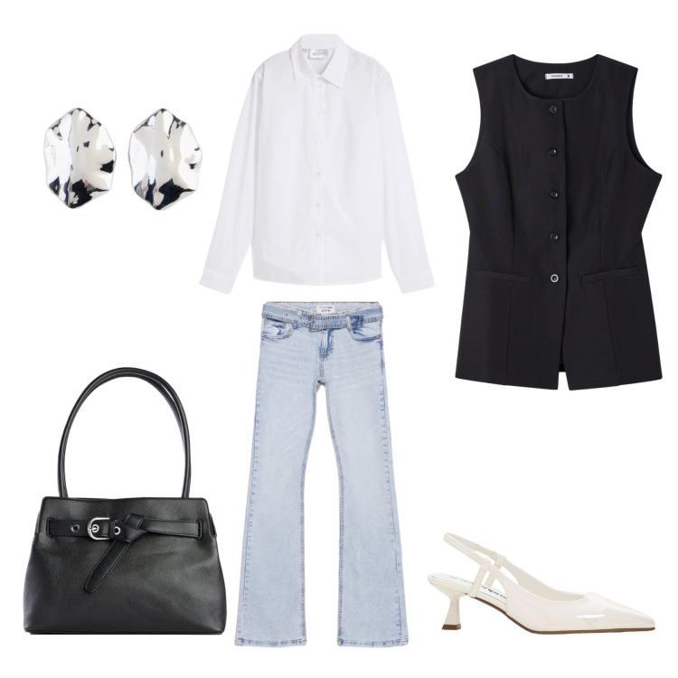 Outfit donna - easy elegance. Stile Casual per Tutti i giorni. look ideale per Petite. Abbinamento con camicie, borse a mano, décolleté, orecchini, jeans a zampa, gilet.