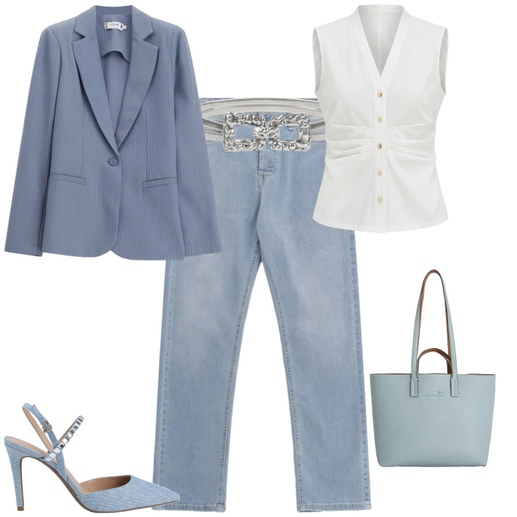 Outfit donna - Casual chic ufficio tempo libero. Stile Casual chic per Tutti i giorni. Abbinamento con décolleté, cinture, camicie a manica corta, blazer, jeans, shopping bag.