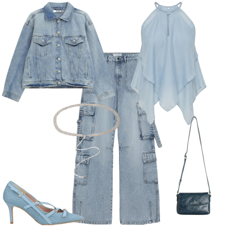 Outfit donna - Casual chic evento serata. Stile Casual chic per Serata fuori. Abbinamento con décolleté, jeans, cinture, blazer, borse a tracolla, canottiere.