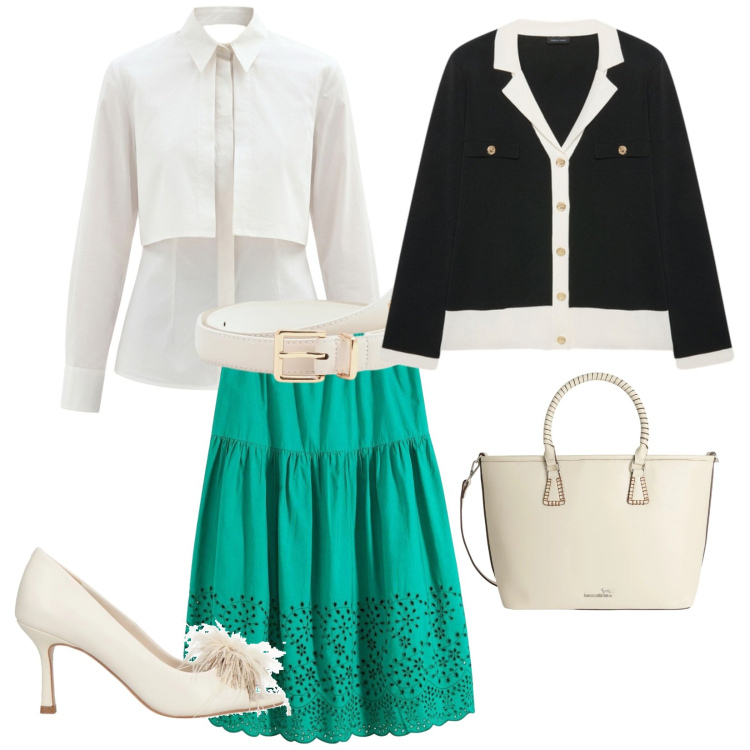 Outfit donna - Merletti e piume. per Ufficio. Abbinamento con décolleté, gonne longuette, cardigans, shopping bag, cinture, camicie.