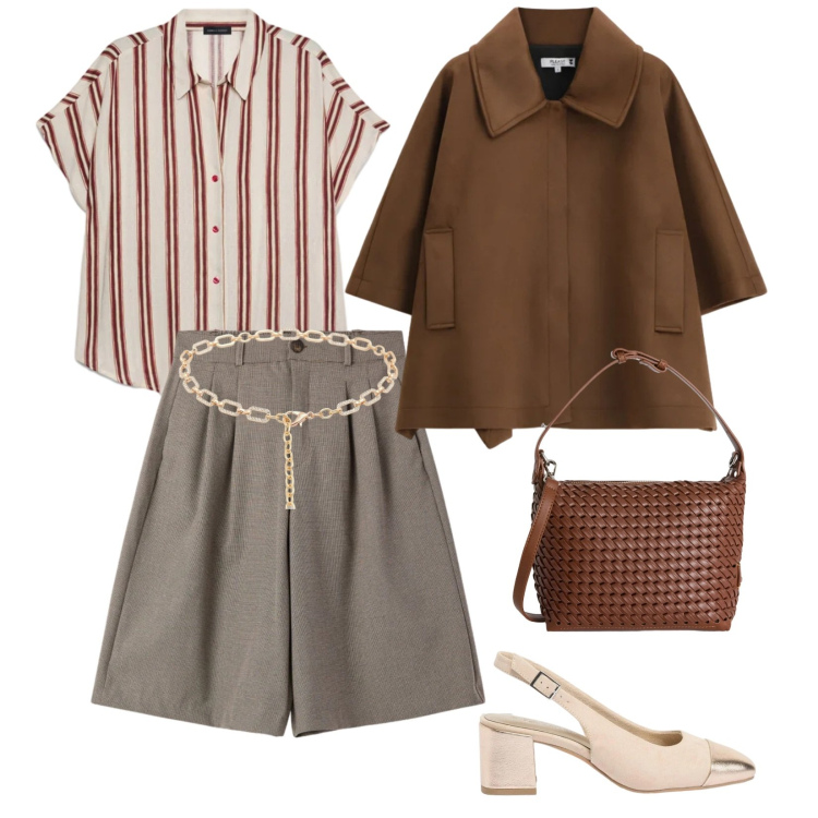 Outfit donna - Maggio. per Ufficio. Abbinamento con décolleté, bermuda, camicie a manica corta, cinture, cappotti, borse a spalla.