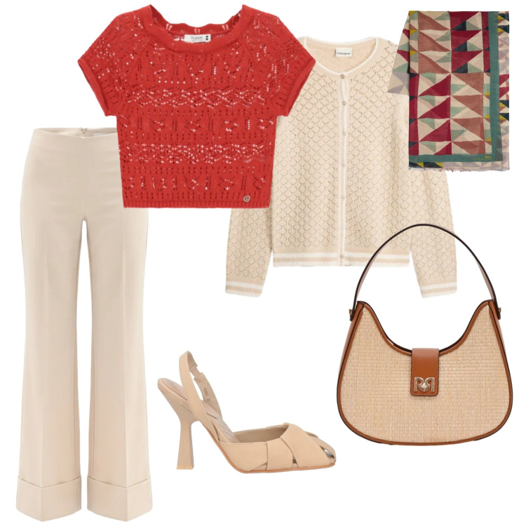 Outfit donna - Maggio in compagnia. per Tutti i giorni. Abbinamento con décolleté, cardigans, borse a spalla, pantaloni a palazzo, top, sciarpe.
