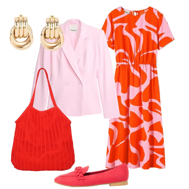 Outfit donna - Un abito per Aprile. Stile Glamour per Tutti i giorni. Abbinamento con vestiti midi/longuette, orecchini, mocassini, blazer, shopping bag.