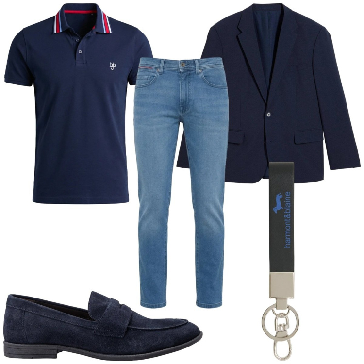 Outfit uomo - Smart casual in blu. Stile Casual per Tutti i giorni. Abbinamento con giacche, portachiavi, jeans slim fit, polo, scarpe stringate.