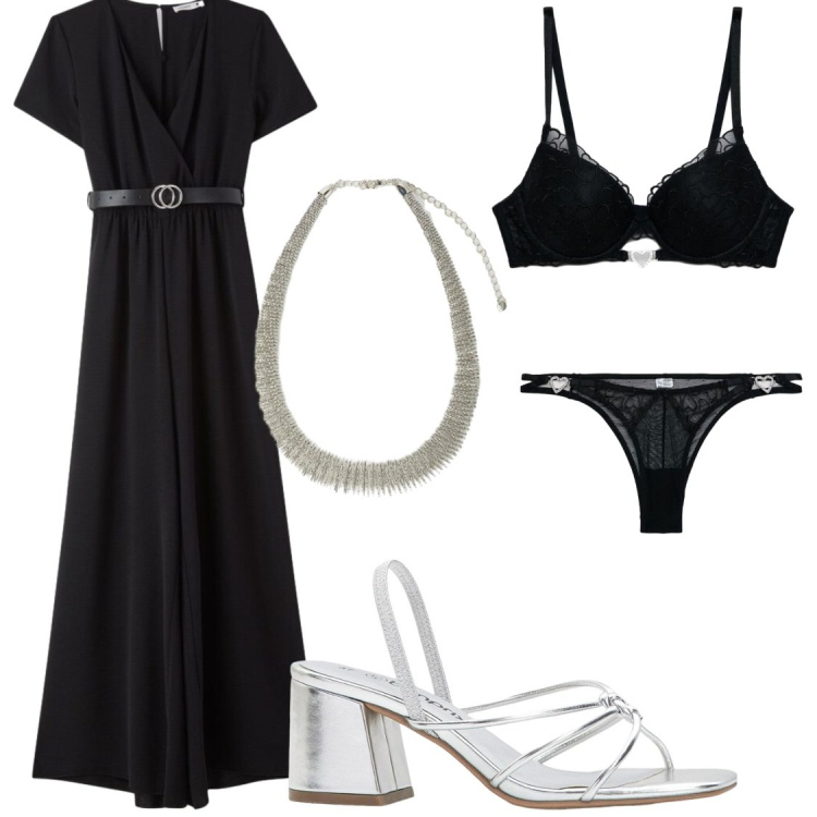 Outfit donna - Silver night, cene estive. Stile Chic per Serata fuori. Abbinamento con sandali col tacco, reggiseni push-up, perizomi, vestiti lunghi, collane.