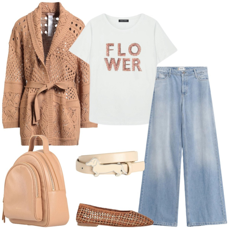 Outfit donna - Università. Stile Casual per Scuola/Università. Abbinamento con cardigans, zaini, ballerine, t-shirt, jeans, cinture.
