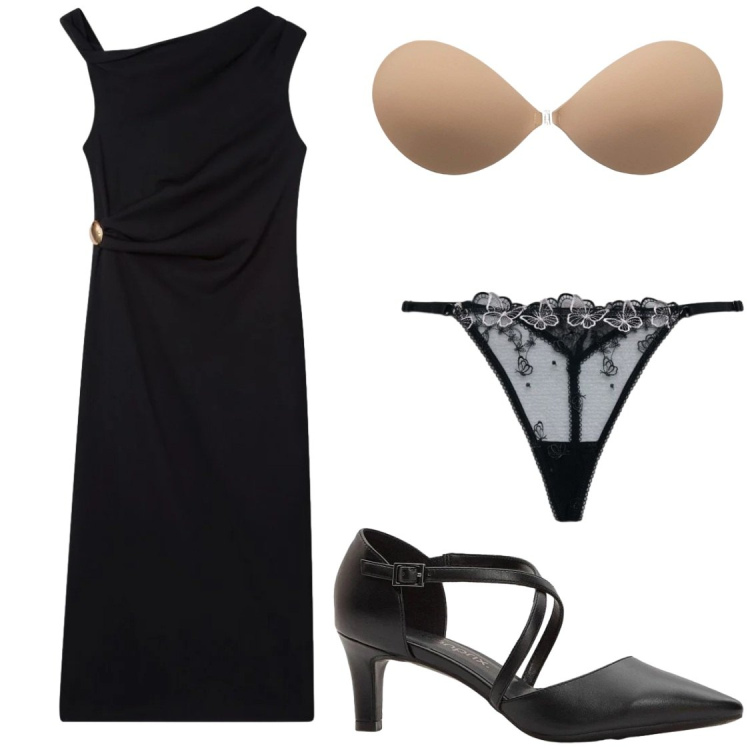 Outfit donna - Eleganza firmata low cost. Stile Chic per Cerimonia. Abbinamento con décolleté, reggiseni, vestiti asimmetrici, perizomi.