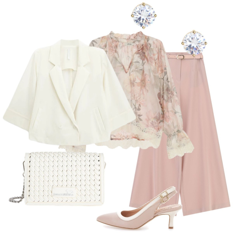 Outfit donna - Delicato rosa pesca. Stile Romantica per Cerimonia. Abbinamento con borse a tracolla, pantaloni a palazzo, blazer, bluse, orecchini, décolleté.