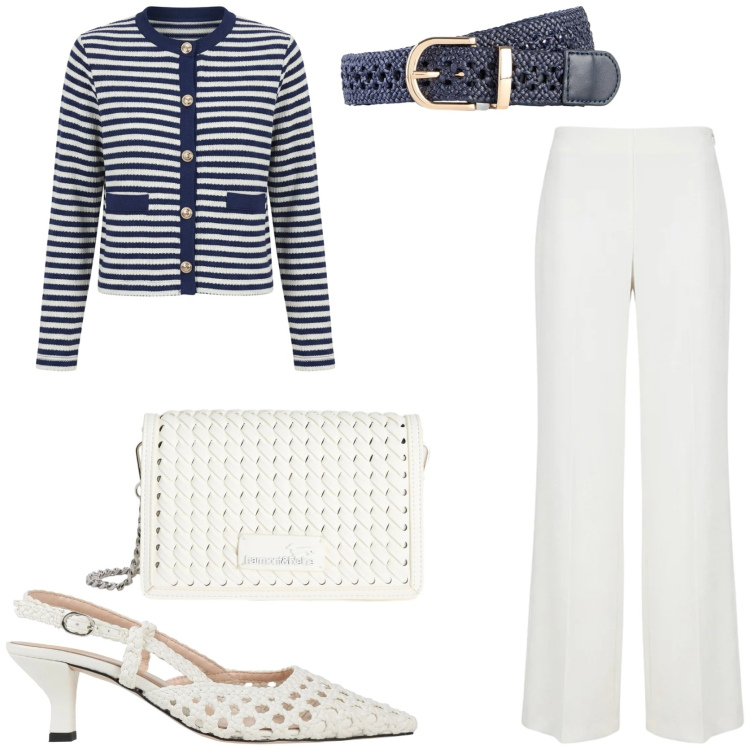 Outfit donna - Styling spring denim. Stile Chic per Tutti i giorni. Abbinamento con décolleté, cinture, cardigans, pantaloni a palazzo, borse a tracolla.