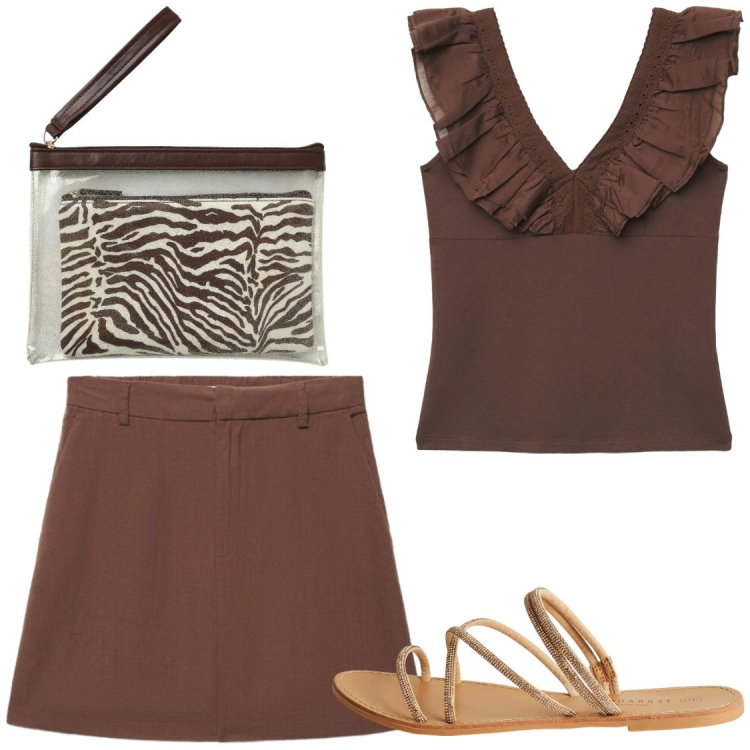 Outfit donna - Estate 2026. Stile Chic per Tutti i giorni. Abbinamento con pochette, shorts, sandali, top.