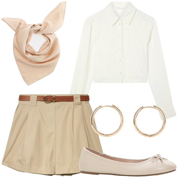 Outfit donna - brunch esclusivo. Stile Casual chic per Tutti i giorni. Abbinamento con ballerine, orecchini, shorts, camicie, foulard.
