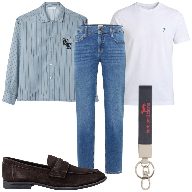 Outfit uomo - Total look #2391649. Stile Casual per Tutti i giorni. Abbinamento con jeans bootcut, camicie, portachiavi, t-shirt, scarpe stringate.