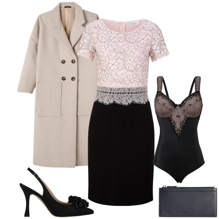 Outfit donna - Total look #2391650. Stile Chic per Cerimonia. Abbinamento con décolleté, body, vestiti midi/longuette, cappotti, portafogli.