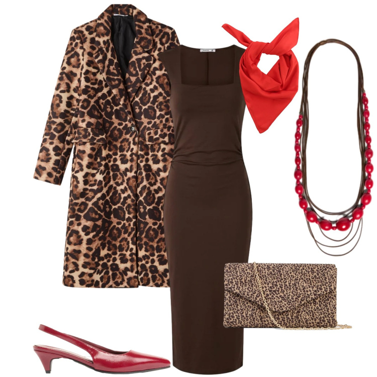 Outfit donna - Rosso e animalier. Stile Glamour per Serata fuori. Abbinamento con décolleté, clutch, cappotti, vestiti midi/longuette, collane, foulard.