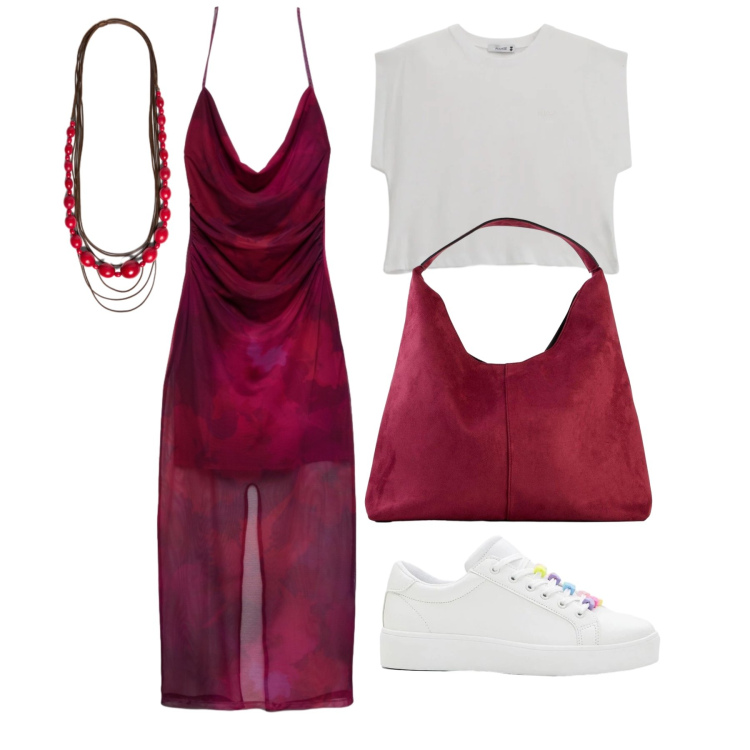Outfit donna - Aprile. Stile Glamour per Tutti i giorni. Abbinamento con borse a spalla, sneakers, vestiti lunghi, collane, top.
