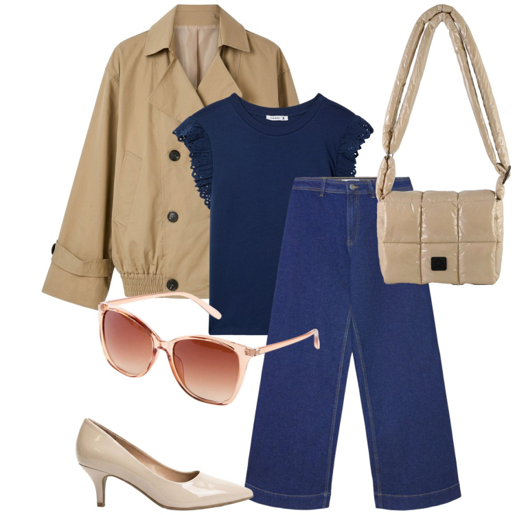 Outfit donna - Total look #2391656. Stile Casual chic per Ufficio. Abbinamento con occhiali da sole, décolleté, jeans, bluse, trench, borse a spalla.