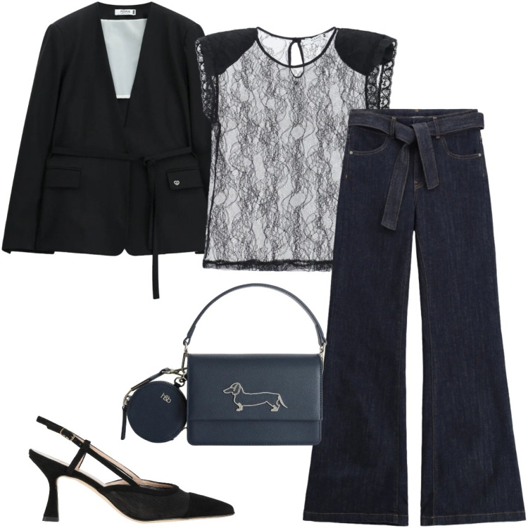Outfit donna - Total look #2391659. Stile Glamour per Serata fuori. Abbinamento con décolleté, jeans a zampa, blazer, top, borse a tracolla.