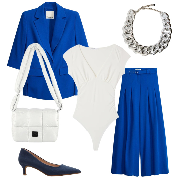 Outfit donna - In bianco e blu. Stile Bon Ton per Ufficio. Abbinamento con décolleté, pantaloni, blazer, top, collane, borse a spalla.
