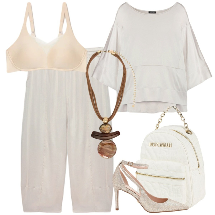 Outfit donna - Total look #2391667. Stile Casual chic per Cerimonia. Abbinamento con zaini, bluse, pantaloni, reggiseni, ciondoli, décolleté.