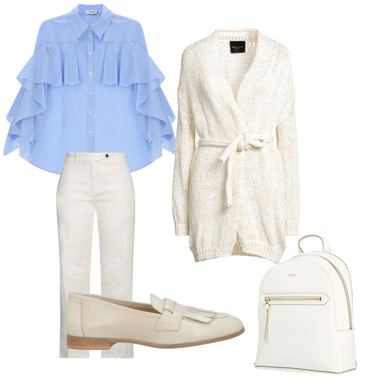 Outfit donna - Colori chiari. Stile Casual chic per Tutti i giorni. Abbinamento con cardigans, zaini, jeans dritti, mocassini, camicie.