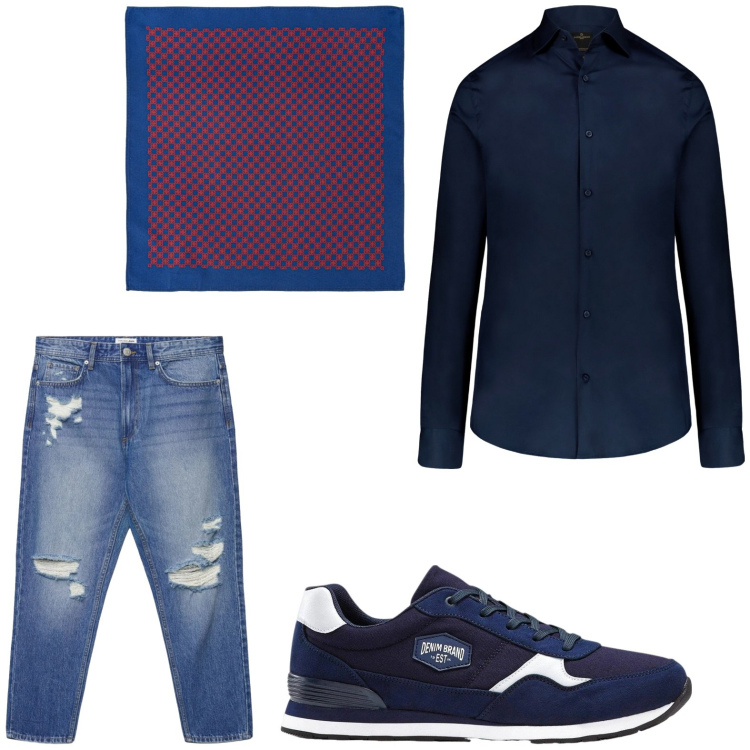 Outfit uomo - Jeans strappati. Stile Trendy per Tutti i giorni. Abbinamento con sneakers, jeans strappati, camicie, sciarpe e foulard.