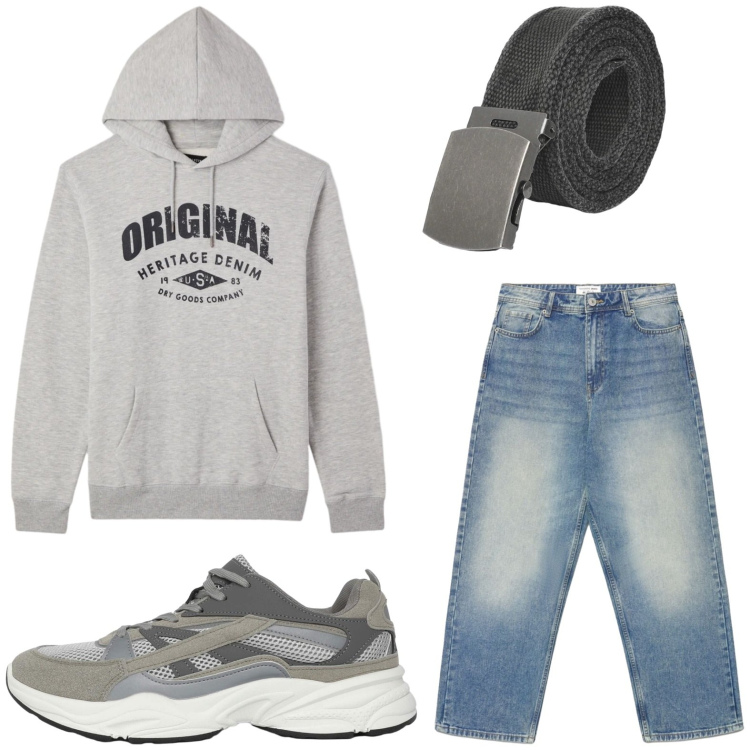 Outfit uomo - Felpa originale. Stile Trendy per Tutti i giorni. Abbinamento con sneakers, cinture, jeans dritti, felpe con cappuccio.