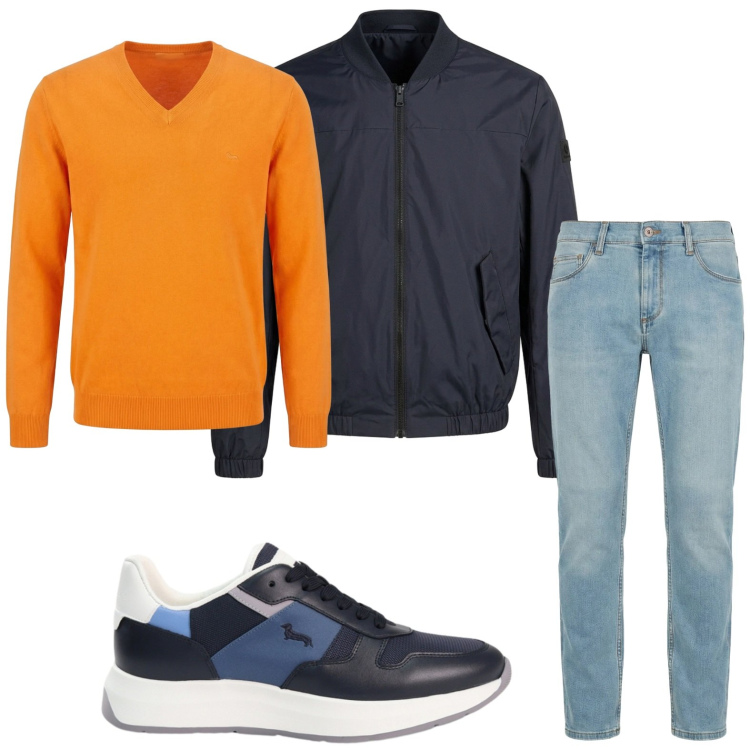 Outfit uomo - Pull fluo. Stile Casual per Tutti i giorni. Abbinamento con jeans slim fit, pullovers, sneakers, bomber.