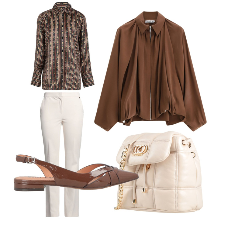 Outfit donna - Tonalità calde. Stile Casual chic per Tutti i giorni. Abbinamento con ballerine, valigie, camicie, pantaloni, bomber.
