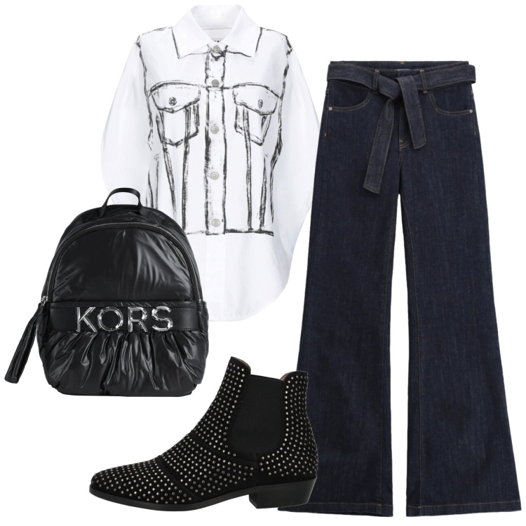 Outfit donna - Total look #2391693. Stile Trendy per Ufficio. Abbinamento con stivaletti chelsea, camicie a manica corta, zaini, jeans a zampa.