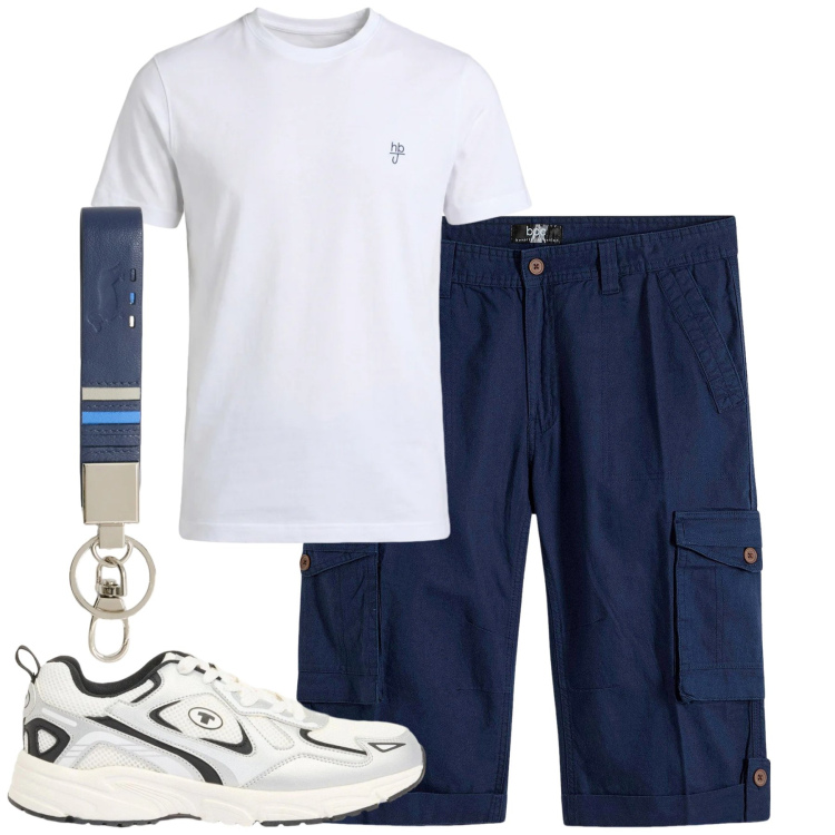 Outfit uomo - City. Stile Casual per Tutti i giorni. Abbinamento con bermuda, sneakers, portachiavi, t-shirt.