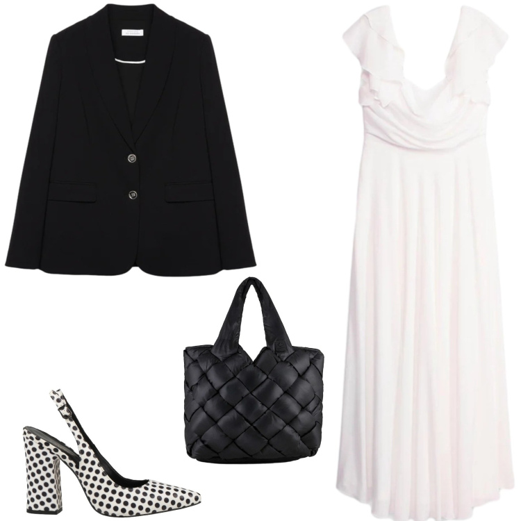 Outfit donna - Eleganza leggera curvy : black and white. Stile Bon Ton per Cerimonia. Abbinamento con décolleté, vestiti lunghi, blazer, borse tote.
