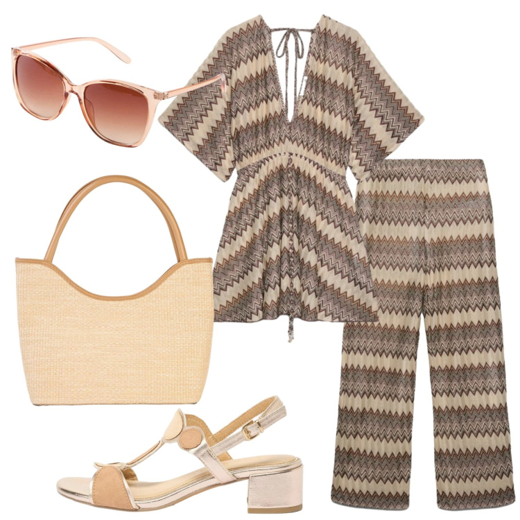 Outfit donna - Total look #2391699. Stile Basic per Tutti i giorni. Abbinamento con occhiali da sole, sandali col tacco, shopping bag, caftani, pantaloni.