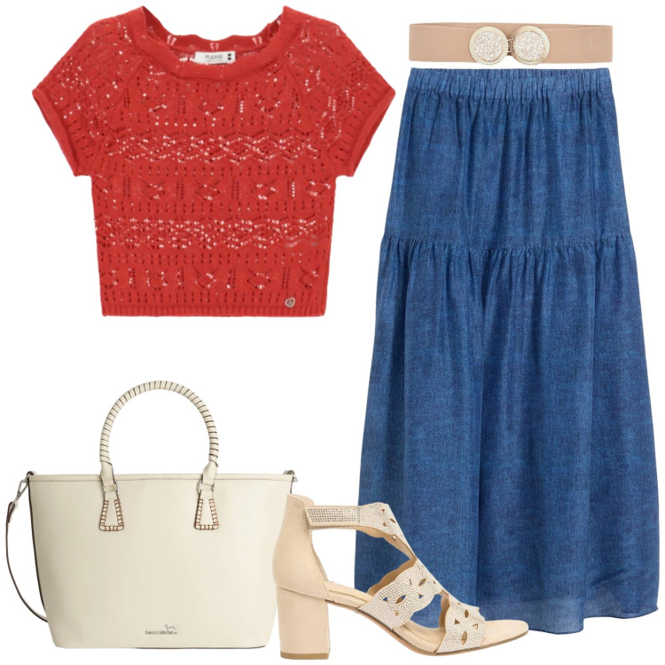 Outfit donna - Leggera ed elegante. Stile Chic per Serata fuori. Abbinamento con gonne lunghe, sandali col tacco, top, shopping bag, cinture.