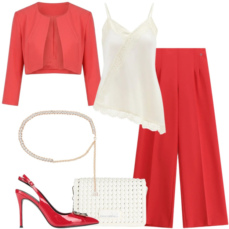 Outfit donna - Total look #2391715. Stile Glamour per Cerimonia. Abbinamento con décolleté, cinture, canottiere, bolero, pantaloni a palazzo, borse a tracolla.