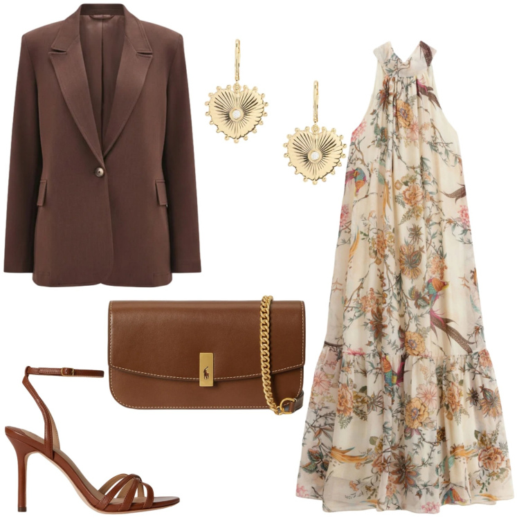 Outfit donna - Il \'Marrone\'protagonista della primavera. Stile Chic per Cerimonia. Abbinamento con blazer, vestiti lunghi, clutch, orecchini, sandali in pelle.