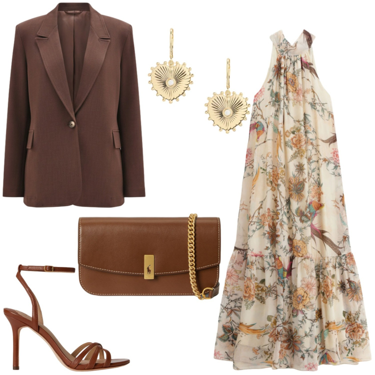 Outfit donna - \'Marrone\'. Protagonista della primavera. Stile Chic per Cerimonia. Abbinamento con blazer, clutch, orecchini, sandali in pelle, vestiti lunghi.