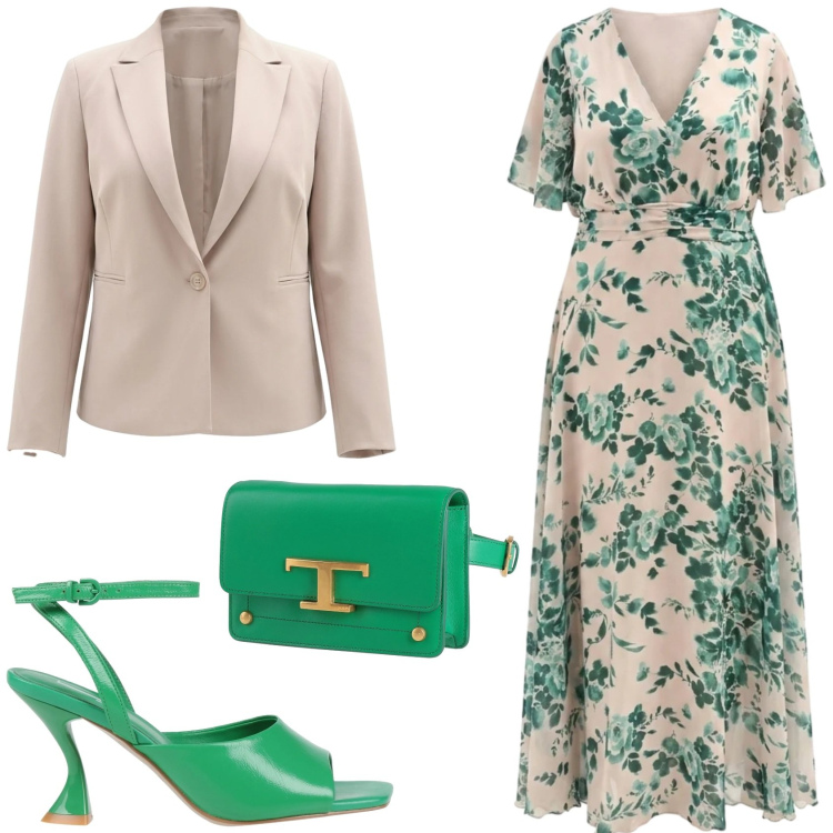 Outfit donna - LA MODA CURVY si tinge di VERDE E BEIGE. Stile Casual per Cerimonia. Abbinamento con marsupi, sandali in pelle, vestiti lunghi, blazer.