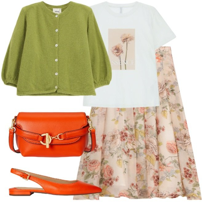 Outfit donna - Come in un prato fiorito. Stile Bon Ton per Tutti i giorni. Abbinamento con t-shirt, cardigans, gonne lunghe, borse a tracolla, ballerine.
