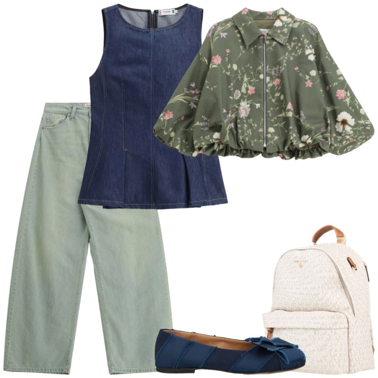 Outfit donna - Total look #2391731. Stile Casual chic per Tutti i giorni. Abbinamento con zaini, ballerine, bomber, top, jeans.