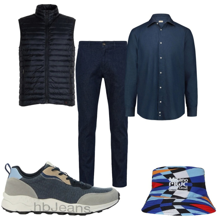 Outfit uomo - Total look #2391733. Stile Trendy per Tutti i giorni. Abbinamento con cappelli, jeans, sneakers, piumini, camicie.
