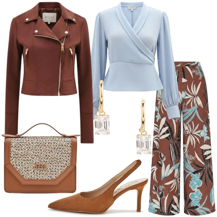 Outfit donna - Occasion Ready Laurea. Stile Trendy per Cerimonia. Abbinamento con pantaloni a palazzo, pochette, giacche, bluse, orecchini, décolleté.
