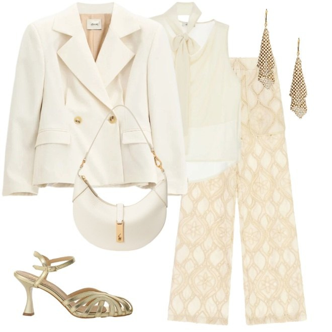 Outfit donna - Panna e oro cool ed elegante. Stile Chic per Cerimonia. Abbinamento con pantaloni a palazzo, sandali col tacco, blazer, top, orecchini, borse a spalla.